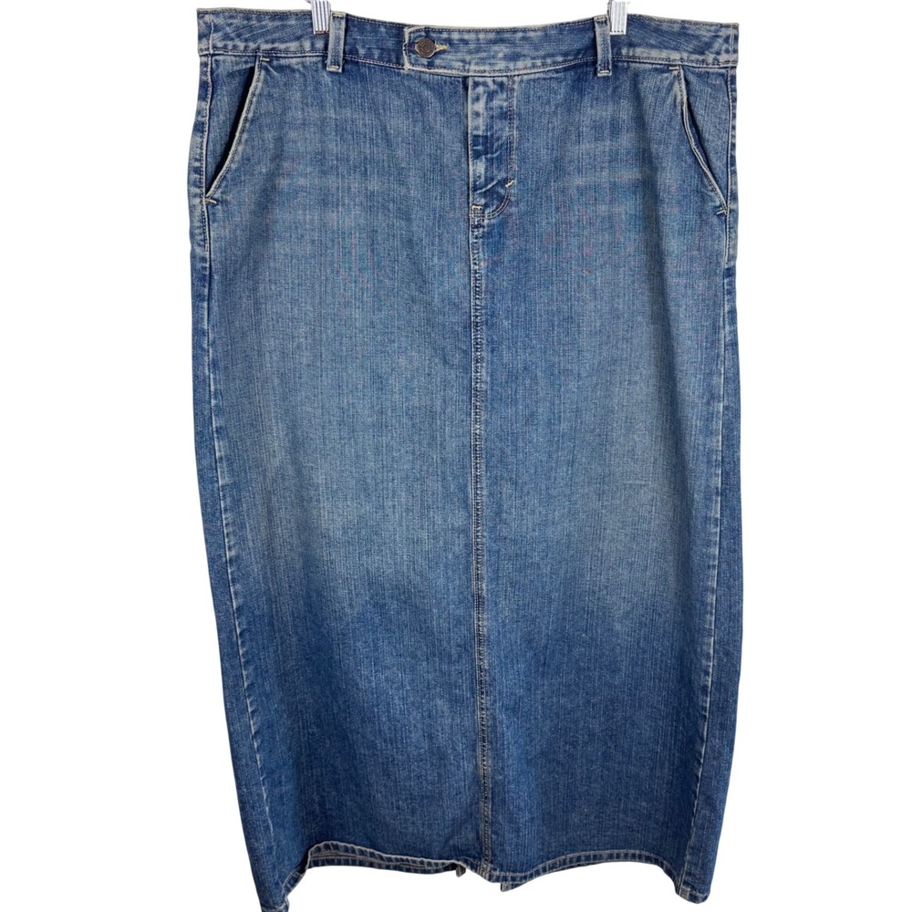 Eddie Bauer Vintage Womens 18 Denim Maxi Skirt Blue Medium Wash Cotton Back Slit
